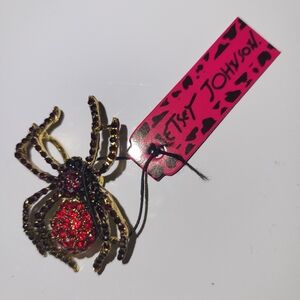 Betsey Johnson Red Black Spider Pin Brooch Pendant Crystals Gold Tone Blk Widow